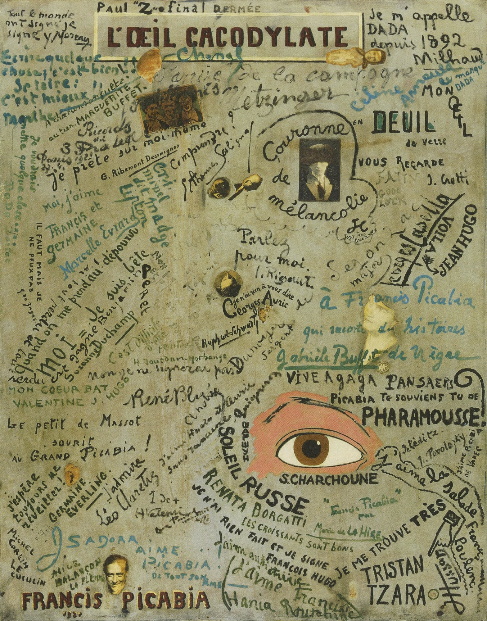 Francis Picabia, L'Œil cacodylate [Το κακοδυλικό μάτι], 1921, μεικτή τεχνική σε μουσαμά, Centre Pompidou, Παρίσι. Γύρω από ένα μάτι που ζωγράφισε, ο Picabia κάλεσε φίλους και επισκέπτες, μεταξύ άλλων τον Marcel Duchamp, τον [[#Man Ray [Μαν Ρέι]#]] και τον [[#Jean Cocteau [Ζαν Κοκτώ]#]], να προσθέσουν υπογραφές, φράσεις και φωτογραφίες. Έτσι αμφισβήτησε, στο πνεύμα του ντανταϊσμού, την αυθεντία του/της δημιουργού. Ανάμεσα στις φωτογραφίες είναι και οι κλόουν αδελφοί Fratellini. Το έργο εκτέθηκε στο Salon d'Automne του 1921 και στη συνέχεια αναρτήθηκε στο καμπαρέ Le Bœuf sur le Toit.