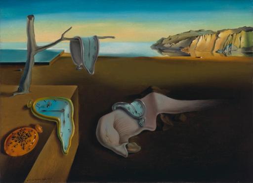 Salvador Dalí [Σαλβαδόρ Νταλί], La persistencia de la memoria [Η εμμονή της μνήμης], 1931, ελαιογραφία σε μουσαμά, Museum of Modern Art (MoMA), Νέα Υόρκη. Τα λιωμένα ρολόγια αποδίδουν τη ρευστότητα του χρόνου στο ασυνείδητο, σύμφωνα με την «παρανοϊκο-κριτική μέθοδο» του Dalí. Το έργο φανερώνει την επίδραση της ψυχαναλυτικής θεωρίας στον σουρεαλισμό του μεσοπολέμου.