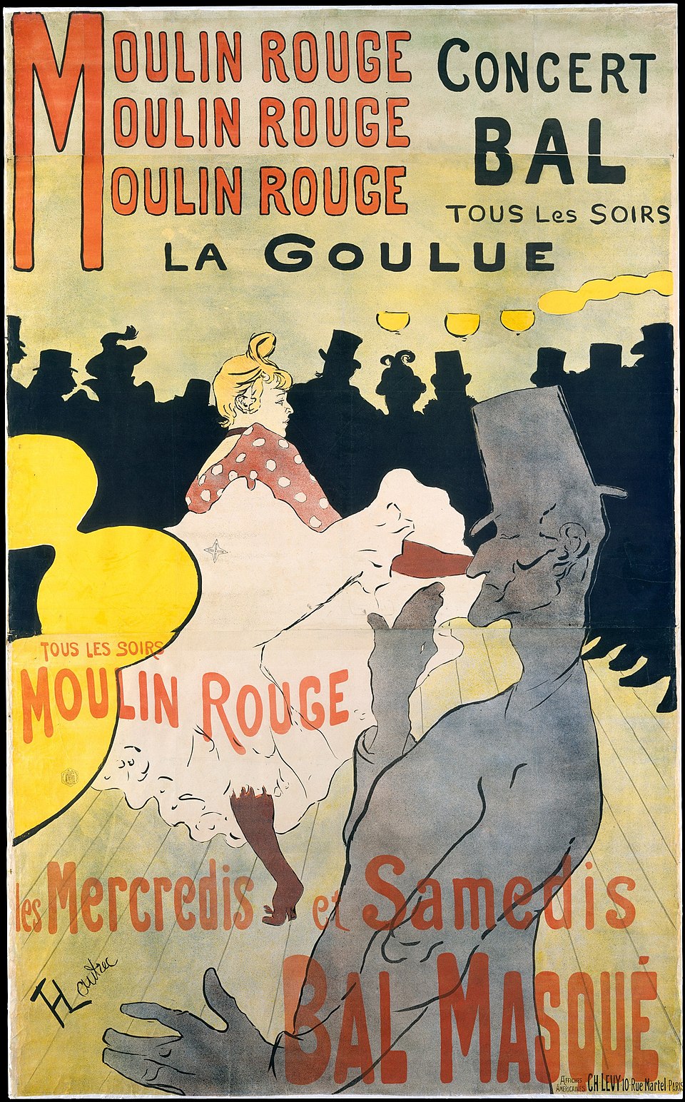 Η αφίσα ως πορτραίτο του θεάματος: [[#Henri de Toulouse-Lautrec [Ανρί ντε Τουλούζ-Λωτρέκ]#]], Moulin Rouge: La Goulue [Μουλέν Ρουζ: Η Γκουλύ], 1891, έγχρωμη λιθογραφία σε τρεις πέτρες. Η χορεύτρια Louise Weber [Λουίζ Βεμπέρ], γνωστή ως La Goulue [Η Λαίμαργη], προβάλλεται στο κέντρο, με το κοινό αποδομένο σε μαύρη σκιαγραφία και τον χορευτή Valentin le Désossé [Βαλαντέν λε Ντεζοσέ].