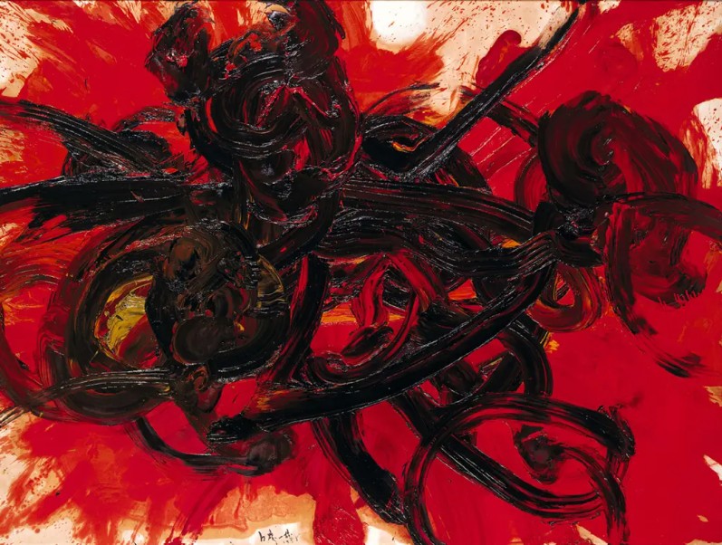 Καζούο Σιράγκα, Έργο ΙΙ [Work II], 1958, λάδι σε χαρτί επί καμβά,&nbsp;183×243 εκ., Hyōgo Prefectural Museum of Art., Οσάκα.​ Το έργο αυτό του Σιράγκα αποτελεί ένα ενδεικτικό ίχνος της καλλιτεχνικής διαδικασίας που ακολούθησε, δηλαδή της ζωγραφικής με τα πόδια. Ο καμβάς απομονώθηκε από το εικαστικό γεγονός της πάλης των αιωρούμενων άκρων του καλλιτέχνη και εκτέθηκε στον τοίχο ως ζωγραφικός πίνακας, γεγονός που μαρτυρά την ιδρυματοποίηση και εμπορευμετοποίηση των κατάλοιπων των δράσεων της ομάδας Γκουτάι. Η έκθεση των καμβάδων του Σιράγκα και η απομάκρυνσή τους από το πλαίσιο της δημιουργίας τους, τους αποστερεί και το πλέον πρωτότυπο γνώρισμά τους —που αποτελούσε άλλωστε και το μείζον αίτημα της ομάδας εξαρχής— δηλαδή την ενσώματη και επιτελεστική εμπλοκή του καλλιτέχνη στην δημιουργική πράξη.
