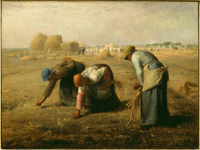 Jean-François Millet, Des glaneuses [Οι σταχομαζώχτρες], 1857, ελαιογραφία σε μουσαμά, Musée d'Orsay, Παρίσι. Τρεις χωρικές μαζεύουν τα στάχυα που απέμειναν μετά τον θερισμό, ενώ στο βάθος ο πλούσιος σωρός της σοδειάς και ο επιστάτης έφιππος υπογραμμίζουν την κοινωνική απόσταση. Όταν εκτέθηκε στο Salon του 1857, ο πίνακας προκάλεσε ανησυχία στην αστική κριτική, η οποία είδε στη μνημειακή απόδοση της φτώχειας μια πολιτική πρόκληση.