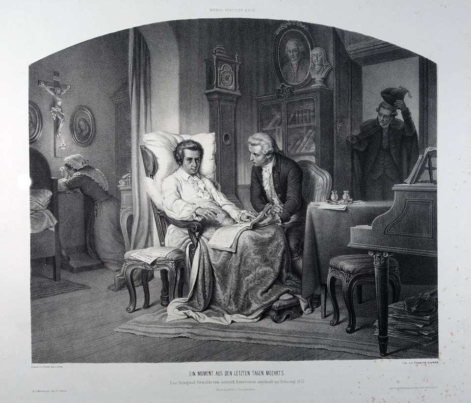 Ein Moment aus den letzten Tagen Mozarts [Μια στιγμή από τις τελευταίες ημέρες του Μότσαρτ], λιθογραφία του [[#Eduard Friedrich Leybold [Έντουαρντ Φρήντριχ Λάιμπολντ]#]] (1857), βάσει πίνακα του [[#Franz Schramm [Φραντς Σραμ]#]]. Ο ετοιμοθάνατος Wolfgang Amadeus Mozart, με την παρτιτούρα του Ρέκβιεμ στα γόνατα, δίνει τις τελευταίες οδηγίες στον μαθητή του [[#Franz Xaver Süßmayr [Φραντς Ξάβερ Ζύσμαϋρ]#]], ο οποίος ολοκλήρωσε το ημιτελές έργο.