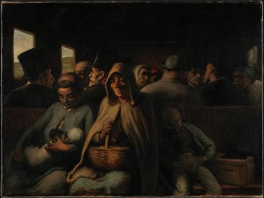 Honoré Daumier, Le Wagon de troisième classe [Το βαγόνι τρίτης θέσης], περ. 1862 – 1864, ελαιογραφία σε μουσαμά, Musée des beaux-arts du Canada, Οττάβα. Μια ηλικιωμένη γυναίκα, μια θηλάζουσα μητέρα και ένα κοιμισμένο αγόρι ταξιδεύουν σιωπηλοί, στριμωγμένοι ανάμεσα σε ανώνυμους επιβάτες. Ο σιδηρόδρομος, σύμβολο της εκβιομηχάνισης, γίνεται χώρος παρατήρησης της λαϊκής καθημερινότητας, θεμελιώδους για τον ρεαλισμό.&nbsp;