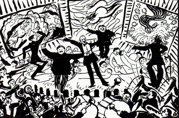[[#Umberto Boccioni [Ουμπέρτο Μποτσιόνι]#]], Serata futurista a Milano [Φουτουριστική εσπερίδα στο Μιλάνο], 1911, μελάνι σε χαρτί. Το σχέδιο απεικονίζει επί σκηνής τους πρωταγωνιστές των πρώτων φουτουριστικών εσπερίδων: από αριστερά τους Boccioni, [[#Francesco Balilla Pratella [Φραντσέσκο Μπαλίλλα Πρατέλλα]#]], [[#Filippo Tommaso Marinetti [Φιλίππο Τομμάζο Μαρινέττι]#]], [[#Carlo Carrà [Κάρλο Καρρά]#]] και [[#Luigi Russolo [Λουίτζι Ρούσσολο]#]].