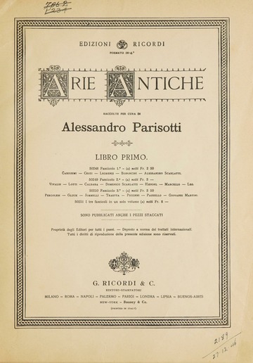 Εξώφυλλο της ανθολογίας&nbsp;Arie antiche&nbsp;σε επιμέλεια [[#Alessandro Parisotti [Αλεσσάντρο Παριζόττι]#]] (G. Ricordi, Μιλάνο, 1885). Η τρίτομη συλλογή αριών από τον 17ο και τον 18ο αιώνα, με συνοδεία τσέμπαλου ή πιάνου, αποτέλεσε σταθερό εκπαιδευτικό εργαλείο για γενεές ερμηνευτών/ερμηνευτριών και συνέβαλε στη διατήρηση της άριας ως αυτοτελούς φωνητικού είδους στο σύγχρονο ρεπερτόριο. 