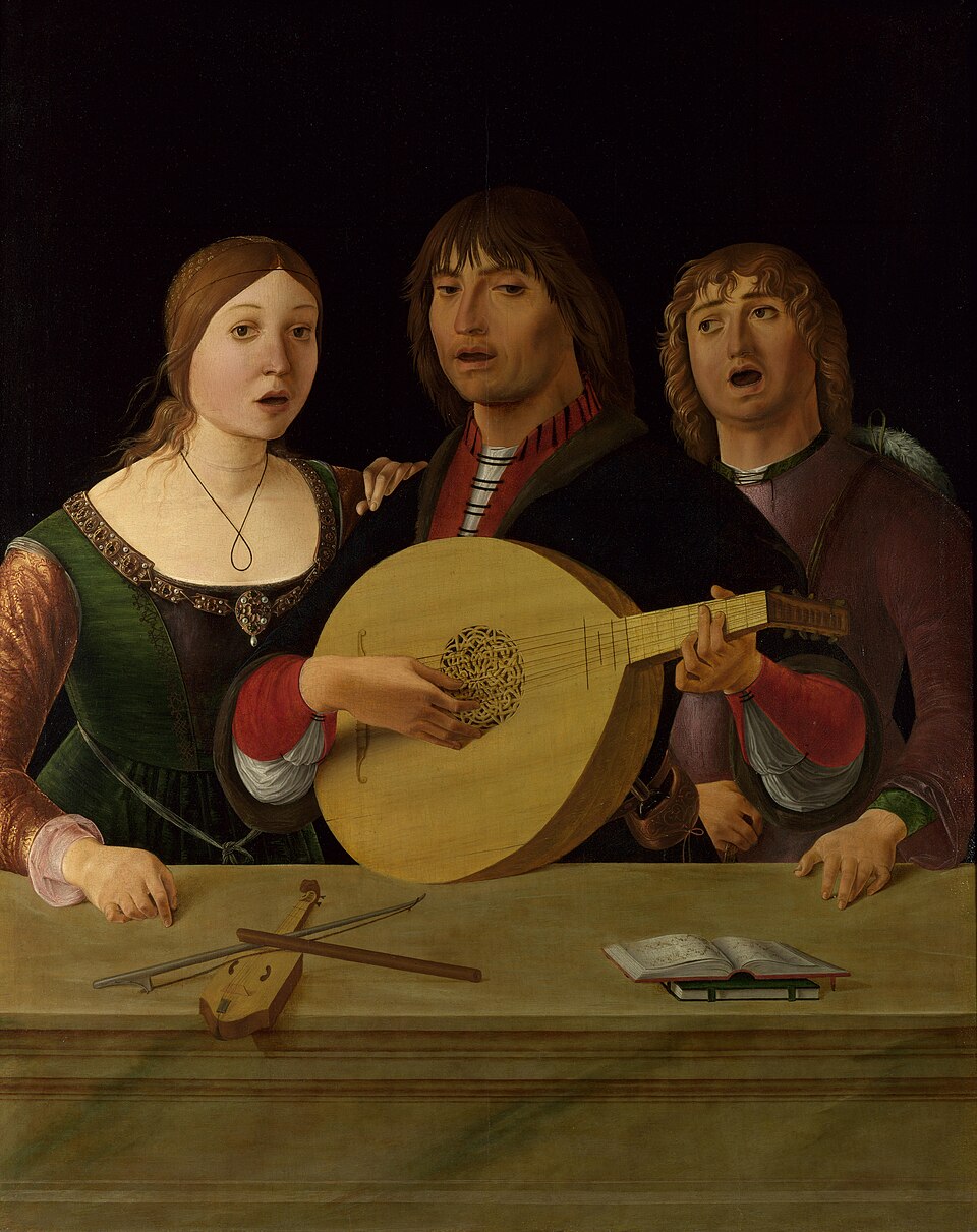 [[#Lorenzo Costa [Λορέντζο Κόστα]#]], Concerto [Συναυλία], περ. 1488-1490, λάδι σε ξύλο, 95,3 x 75,6 εκ. Τρεις νέοι μουσικοί ερμηνεύουν από κοινή παρτιτούρα: η σύνθεση αποτυπώνει την πρακτική της συλλογικής εκτέλεσης πολυφωνικού μαδριγαλιού κατά την ιταλική Αναγέννηση, όπου η οικεία κλίμακα μουσικής δωματίου και η άμεση σωματική εγγύτητα των ερμηνευτών αποτελούσαν θεμελιώδη χαρακτηριστικά του είδους. National Gallery, Λονδίνο (αρ. ευρ. NG2486, κληροδότημα Salting, 1910).