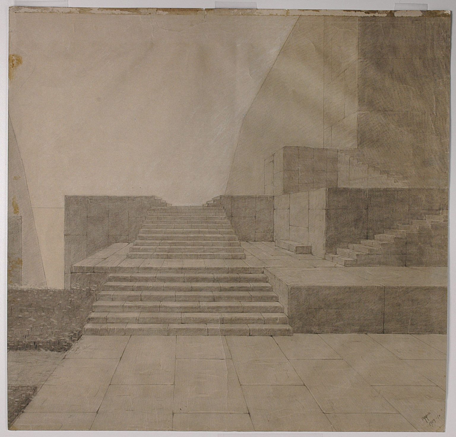 Adolphe Appia, Espace rythmique: La cascade [Ρυθμικός χώρος: Ο καταρράκτης], 1909. Ο καταρράκτης, σχηματοποιημένος στο έπακρο, απομακρύνει τη σύνθεση από κάθε ψευδαισθητική απόδοση της φύσης. Κάρβουνο, γραφίτης και λευκό παστέλ σε χαρτί Canson &amp; Montgolfier, 475 × 635 mm.
