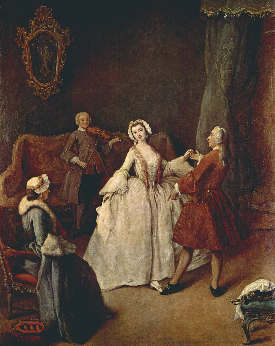 [[#Pietro Longhi [Πιέτρο Λόνγκι]#]], La lezione di danza [Το μάθημα χορού] (περ. 1741), λάδι σε μουσαμά. Σε ένα βενετσιάνικο σαλόνι, ο χοροδιδάσκαλος καθοδηγεί μια νεαρή αριστοκράτισσα στη στάση και στα βήματα, ενώ ένας βιολιστής συνοδεύει το μάθημα. Οι σκηνές του Longhi από την καθημερινή ζωή της Βενετίας συγγενεύουν με τις κωμωδίες του [[#Carlo Goldoni [Κάρλο Γκολντόνι]#]], που γράφτηκαν την ίδια εποχή.