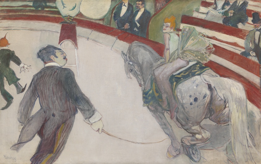 [[#Henri de Toulouse-Lautrec [Ανρί ντε Τουλούζ-Λωτρέκ]#]], Au Cirque Fernando, l'écuyère [Στο Τσίρκο Φερνάντο, η ιππεύτρια], 1887 – 1888, λάδι σε μουσαμά, Art Institute of Chicago. Στην πίστα, ο τελετάρχης [[#Monsieur Loyal [Μεσιέ Λουαγιάλ]#]] οδηγεί με το μαστίγιο το άλογο, ενώ η ιππεύτρια ετοιμάζεται να περάσει μέσα από το χάρτινο στεφάνι που κρατά ο κλόουν. Το όνομα Monsieur Loyal κατέληξε στα γαλλικά κοινή ονομασία του τελετάρχη.