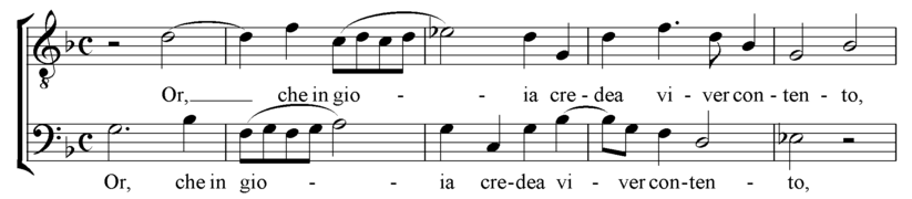 Τα εισαγωγικά μέτρα από το μαδριγάλι του Carlo Gesualdo, "Or, che in gioia viver contento" [«Τώρα, που μες στη χαρά πίστευα πως θα ζούσα ευτυχισμένος»] από το Τέταρτο βιβλίο μαδριγαλιών [Il Quarto Libro de' Madrigali, 1596].