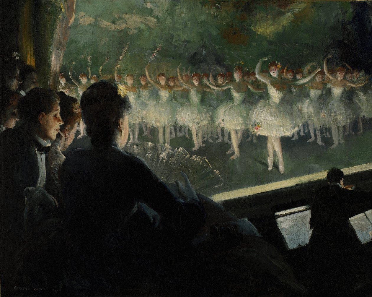 Il balletto bianco [Το λευκό μπαλέτο / The White Ballet] του [[#Everett Shinn [Έβερετ Σιν]#]], ελαιογραφία σε καμβά (1904). Ο Αμερικανός ζωγράφος, μέλος της Ashcan School, αποτυπώνει το λευκοντυμένο σμήνος των χορευτριών κάτω από τα φώτα της ράμπας, μεταφέροντας στη ζωγραφική την αιθέρια αισθητική του λευκού μπαλέτου.