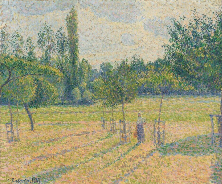 Camille Pissarro,&nbsp;Fin d'après-midi dans notre pré&nbsp;[Απόγευμα στο λιβάδι μας] (1887), λάδι σε καμβά. Ο Pissarro, ο μόνος ζωγράφος που συμμετείχε και στις οκτώ ιμπρεσιονιστικές εκθέσεις (1874-1886), αποτύπωσε εδώ τη μεταβολή του φωτός κατά τη δύση του ηλίου, κεντρικό θέμα του ιμπρεσιονισμού. Πηγή: The National Gallery, Λονδίνο.