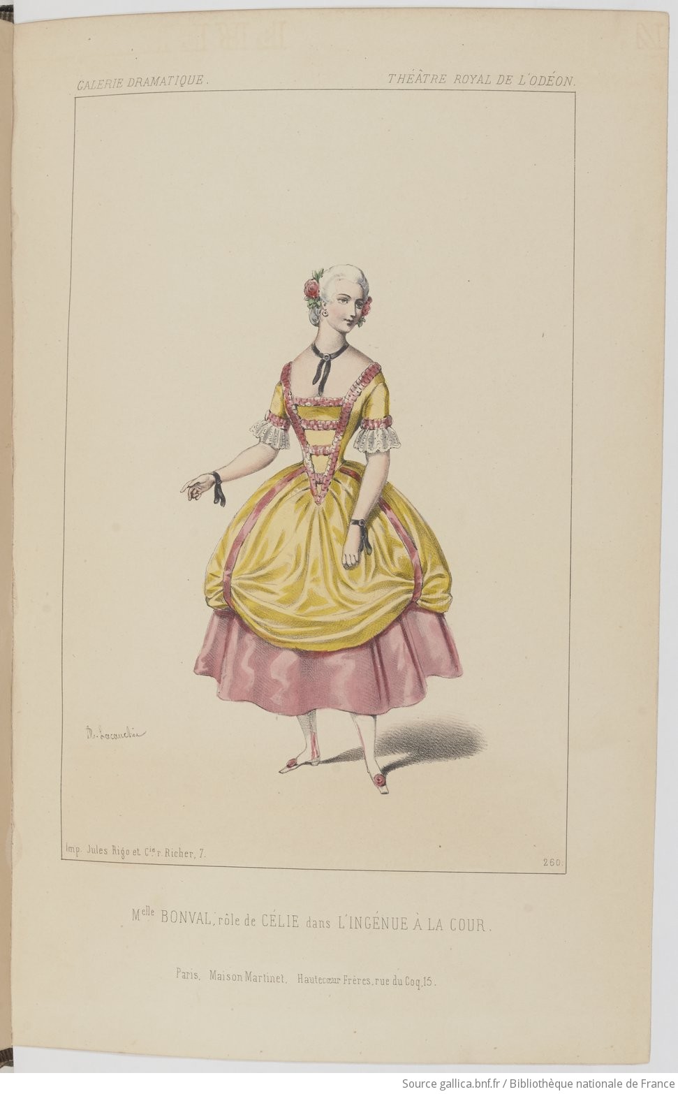 [[#Alexandre Lacauchie [Αλεξάντρ Λακωσί]#]] (1814-1886), Mademoiselle Bonval [Μαντμουαζέλ Μπονβάλ] στον ρόλο της Célie [Σελί] στην κωμωδία L'ingénue à la cour [Η ενζενύ στην αυλή] του [[#Adolphe-Simonis Empis [Αντόλφ-Σιμονί Αμπί]#]], Théâtre de l'Odéon, έγχρωμη λιθογραφία, Παρίσι, Martinet &amp; Hautecœur frères, 1846 (από τη σειρά Galerie dramatique, αρ. 260, Bibliothèque nationale de France). Η εικονογραφική μαρτυρία αποτυπώνει τη σκηνική εμφάνιση και το κοστούμι της ενζενύ στο γαλλικό ρεπερτόριο των μέσων του 19ου αιώνα, όπου ο τύπος της αθώας και χαριτωμένης νεάνιδας είχε ήδη παγιωθεί ως αυτοτελής υποκριτική ειδικότητα και εμπορεύσιμη σκηνική περσόνα.