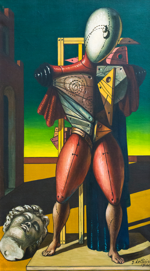 [[#Giorgio de Chirico [Τζώρτζο ντε Κίρικο]#]], Il Menestrello [Ο μενεστρέλος], ελαιογραφία, 60 x 49,5 εκ., ιδιωτική συλλογή. Στη μεταφυσική εικονοποιία του ζωγράφου, η μορφή του μενεστρέλου μετουσιώνεται σε αινιγματικό, ανδρείκελο ομοίωμα, αποσπασμένο από τον μεσαιωνικό του χρόνο και τοποθετημένο σε έναν αιωρούμενο, ονειρικό χώρο.