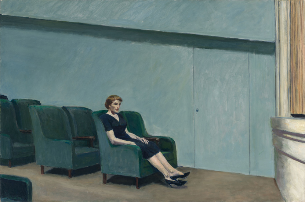 [[#Edward Hopper [Έντουαρντ Χόππερ]#]], Intermission [Διάλειμμα] (1963, ιδιωτική συλλογή / SFMOMA). Μια μοναχική γυναικεία μορφή κάθεται στην άκρη μιας σειράς καθισμάτων, σε άδεια αίθουσα κατά το διάλειμμα της παράστασης. Ο Hopper απομονώνει τον νεκρό αυτόν χρόνο ως αυτοτελή στιγμή στοχασμού και αστικής μοναξιάς, μετατρέποντας το διάλειμμα σε αυτόνομο θέμα εικαστικής περισυλλογής.