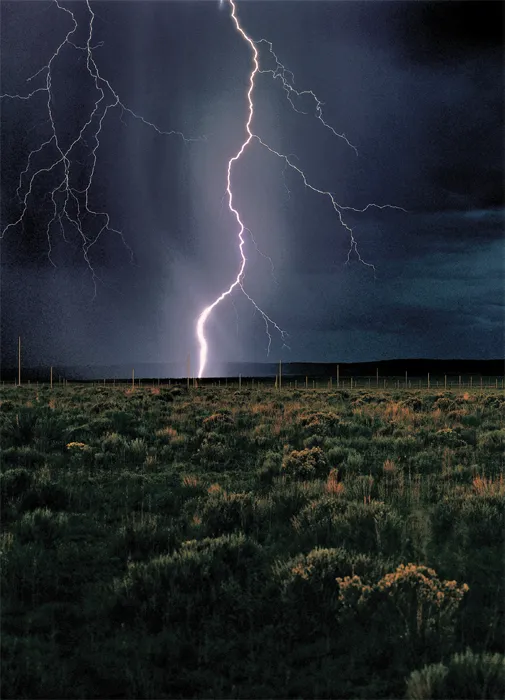 Walter De Maria, The Lightning Field [Πεδίο Κεραυνών], 1977, Νέο Μεξικό, ΗΠΑ.Σε μια απομακρυσμένη περιοχή της ερήμου του Νέου Μεξικού, ο Walter De Maria εγκατέστησε 400 πόλους από ανοξείδωτο χάλυβα, διατεταγμένους σε ένα ορθογώνιο πλέγμα. Οι μεταλλικές ράβδοι, τοποθετημένες σε απόσταση περίπου 67 μέτρων μεταξύ τους, λειτουργούν σε συνάρτηση με τις καιρικές και ατμοσφαιρικές συνθήκες της περιοχής. Κατά τη διάρκεια των καταιγίδων, οι κεραυνοί μπορούν να πλήξουν τους πόλους, εντάσσοντας ένα απρόβλεπτο φυσικό φαινόμενο στη δυναμική του έργου και αναδεικνύοντας τη σχέση ανάμεσα στην καλλιτεχνική κατασκευή, το τοπίο και τις φυσικές διεργασίες.