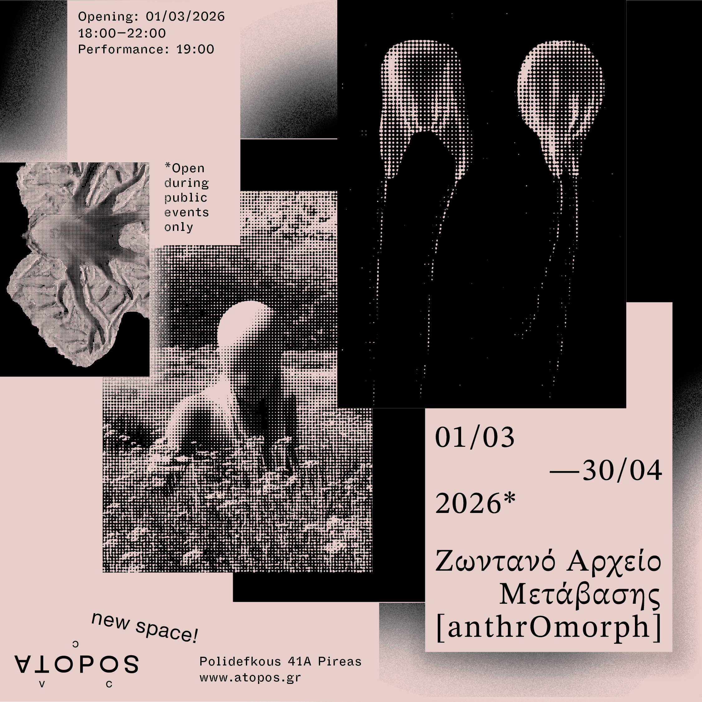 Ζωντανό Αρχείο Μετάβασης (anthr0morph). Το Ενσώματο, Κουήρ και Μεταανθρώπινο Ζωντανό Αρχείο [Embodied, Queer &amp; Posthuman Living Archive]. Καλλιτεχνική έρευνα και εικαστική/επιτελεστική καταγραφή με άξονα το αρχείο φυλομετάβασης του/της/των anthr0morph. Στην έκθεση προτείνεται μία ριζοσπαστική, οντολογική διάσταση στην έννοια του «ζωντανού αρχείου», το οποίο παύει να ορίζεται από θεσμικά έγγραφα ή ψηφιακούς αλγορίθμους, αλλά ανάγεται στο ίδιο το μεταβαλλόμενο σώμα και τις δικτυώσεις του. Η έκθεση εισάγει μια διευρυμένη μεθοδολογία, όπου η «μετάβαση» [transition] μετατρέπεται από ατομική, βιολογική διαδικασία σε ένα ευρύτερο επιστημολογικό εργαλείο. Η ατομική έκθεση του/της/των anthr0morph με τίτλο «Ζωντανό Αρχείο Μετάβασης» πραγματοποιήθηκε στον νέο εκθεσιακό χώρο του οργανισμού ATOPOS cvc στον Πειραιά, με τη διάρκεια της να εκτείνεται από την 1η Μαρτίου έως τις 30 Απριλίου 2026