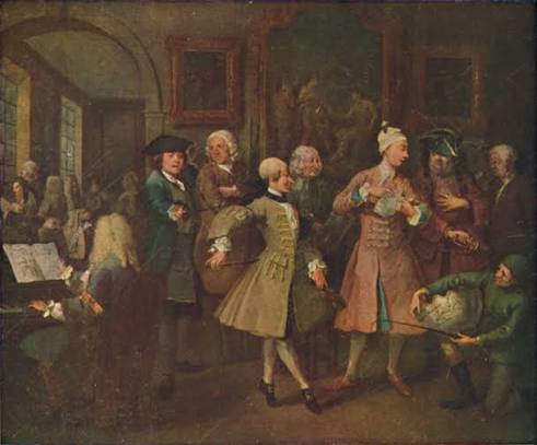 [[#William Hogarth [Ουίλλιαμ Χόγκαρθ]#]], "The Heir" [«Ο κληρονόμος»], πρώτη σκηνή από τη σειρά χαρακτικών A rake's progress [Η πορεία ενός ασώτου, 1735]. Ο νεαρός Tom Rakewell [Τομ Ρέικγουελ] κληρονομεί την περιουσία του φιλάργυρου πατέρα του και επιδίδεται αμέσως στην επίδειξη, εξαγοράζοντας συγχρόνως την εγκαταλελειμμένη μνηστή του. Η σκηνή εγκαινιάζει την καυστική σάτιρα των κοινωνικών ηθών, που ενέπνευσε δύο αιώνες αργότερα την ομώνυμη όπερα του [[#Ιγκόρ Στραβίνσκι [Igor Stravinsky]#]] (1951).