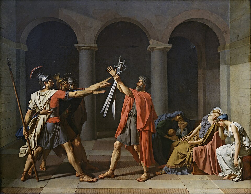 Το Le Serment des Horaces [Ο όρκος των Ορατίων] του Jacques-Louis David [Ζακ-Λουί Νταβίντ] (1784, Μουσείο του Λούβρου, Παρίσι), με θέμα από τον Τίτο Λίβιο και τον Horace [Οράτιος] του Pierre Corneille [Πιερ Κορνέιγ]. Αριστερά οι τρεις αδελφοί ορκίζονται να πολεμήσουν για τη Ρώμη εναντίον των Κουριάτιων. Δεξιά θρηνούν οι γυναίκες της οικογένειας, που συνδέονται με τους αντιπάλους με γάμο και αρραβώνα. Η σύνθεση αποτυπώνει τη δραματικότητα ως σύγκρουση ανάμεσα στο καθήκον προς την πόλη και τους οικογενειακούς δεσμούς.