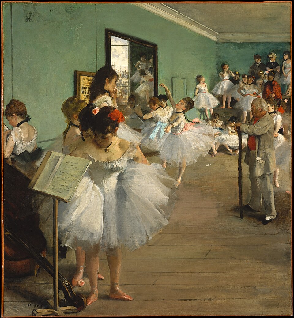 [[#Edgar Degas [Εντγκάρ Ντεγκά]#]], La classe de danse [Το μάθημα χορού] (1874), λάδι σε μουσαμά. Η σκηνή είναι επινοημένη. Ο διάσημος χορογράφος και χοροδιδάσκαλος [[#Jules Perrot [Ζυλ Περρό]#]], στηριγμένος στο ραβδί του, εξετάζει μια χορεύτρια που εκτελεί attitude. Οι άλλες μαθήτριες και οι μητέρες τους περιμένουν τη σειρά τους. Ο χώρος είναι μια αίθουσα δοκιμών της παλιάς Όπερας του Παρισιού, που είχε καεί λίγο πριν, το 1873.
