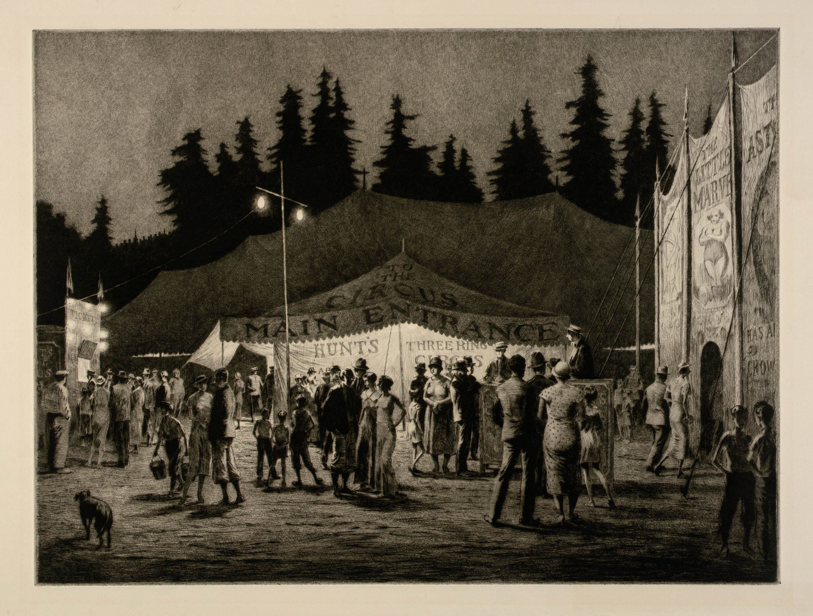 [[#Martin Lewis [Μάρτιν Λιούις]#]], Circus Night [Βραδιά στο τσίρκο] (1933), ξηρή βελόνα και υπόστρωμα γυαλόχαρτου σε χαρτί. Ο Αυστραλός χαράκτης, που έζησε στις Ηνωμένες Πολιτείες, ήταν γνωστός για τις νυχτερινές σκηνές αστικής ζωής. 