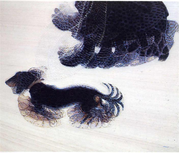 Στο έργο του [[#Giacomo Balla [Τζάκομο Μπάλλα]#]] Dinamismo di un cane al guinzaglio [Δυναμισμός ενός σκύλου με λουρί] (1912, Buffalo AKG Art Museum), η κίνηση αποδίδεται μέσω της επανάληψης των μορφών, δημιουργώντας την αίσθηση της ταχύτητας και του δυναμισμού.