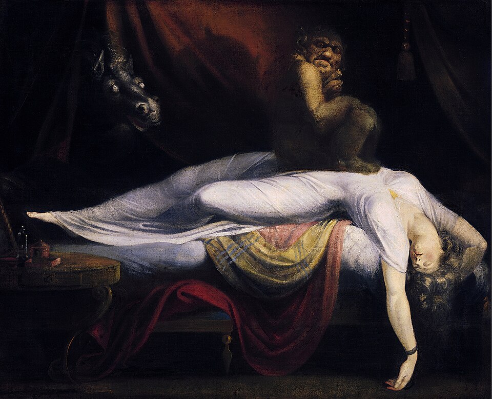 [[#Henry Fuseli#]] [[#[Χένρυ Φιούζελι]#]], The Nightmare [Ο εφιάλτης], 1781, ελαιογραφία, Detroit Institute of Arts. Ένα δαιμόνιο κάθεται στο στήθος μιας κοιμώμενης γυναίκας, ενώ πίσω από την κουρτίνα ξεπροβάλλει ένα κεφάλι αλόγου. Η δραματική φωτοσκίαση και η σχεδόν σκηνική διάταξη της σύνθεσης δίνουν μορφή στον κόσμο του ονείρου και του ανοίκειου, που ο ρομαντισμός έκανε κεντρικό του θέμα. 