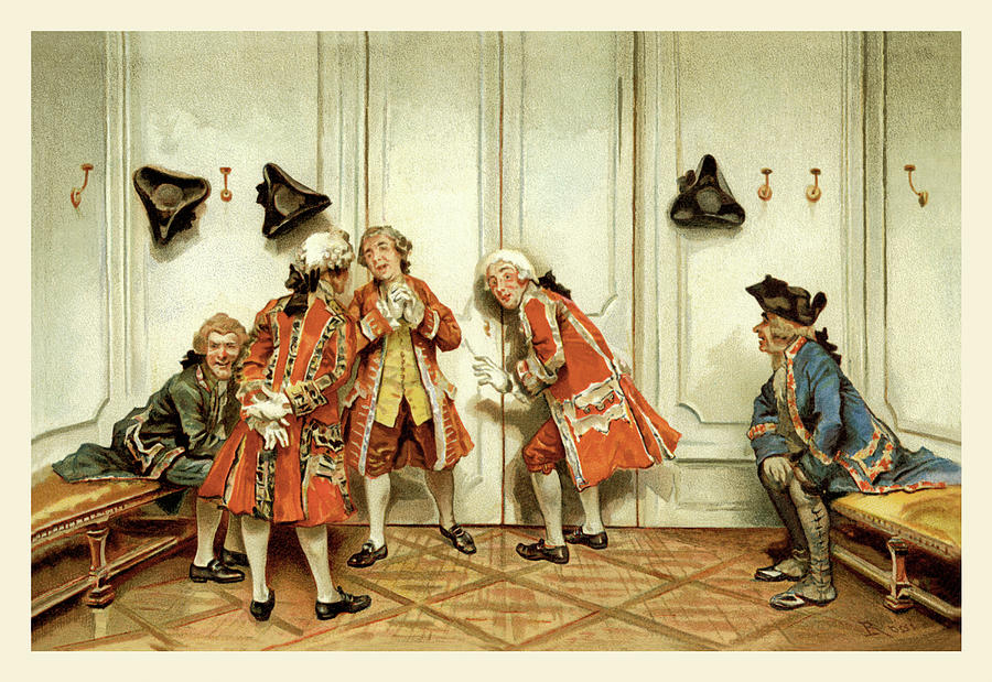 [[#Lucius Rossi [Λούτσιους Ρόσσι]#]], School for Scandal: Eavesdropping [Το Σχολείο του Σκανδάλου: Ωτακουστία]: σκηνή εμπνευσμένη από την κωμωδία ηθών The School for Scandal (1777) του [[#Richard Brinsley Sheridan [Ρίτσαρντ Μπρίνσλεϊ Σέρινταν]#]], στην οποία η ωτακουστία αποτελεί κεντρικό δραματουργικό μηχανισμό: δραματικά πρόσωπα κρύβονται πίσω από παραβάν, κρυφακούν συνομιλίες και αποκαλύπτονται θεαματικά, πυροδοτώντας τη διασημότερη κωμική κορύφωση [screen scene] στην ιστορία του αγγλικού θεάτρου.