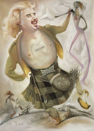 Ο Billy Connolly σε σατιρικό πορτραίτο του [[#John Byrne [Τζων Μπαίρν]#]]: με το γέλιο, το κιλτ και την καρδιά «Scotland» χαραγμένη στο στήθος, αποδίδεται η σκωτσέζικη λαϊκή περσόνα του κωμικού. Ο Connolly, με ρίζες στο μιούζικ χωλ και τα folk clubs, ανέδειξε τη στάντ-απ κωμωδία του αφηγηματικού, «περιπλανώμενου» μονολόγου. © Estate of John Byrne, DACS, London 2023.