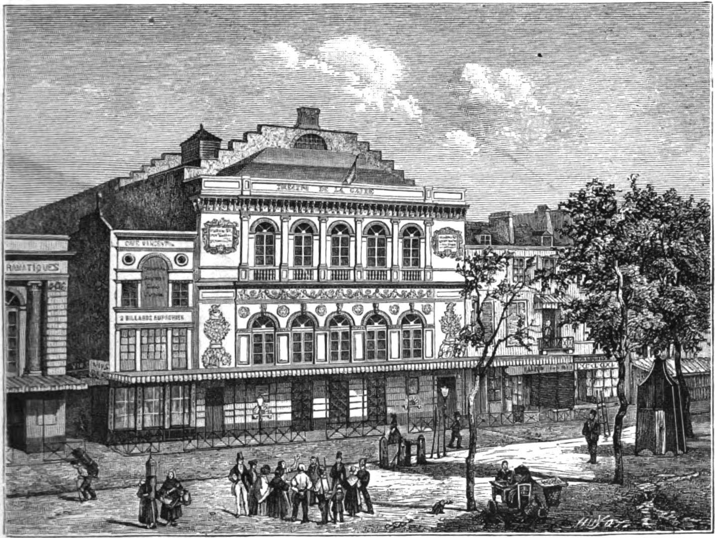 Το Théâtre de la Gaîté στο βουλεβάρτο du Temple, την κατ' εξοχήν λεωφόρο των παριζιάνικων εμπορικών θεάτρων των μέσων του 19ου αιώνα. Το 1862, στο πλαίσιο των εκσυγχρονιστικών έργων του [[#Georges Eugène Haussmann [Ζωρζ Εζέν Ωσμάν]#]] στο Παρίσι, το θέατρο μεταφέρθηκε στην οδό Papin.
