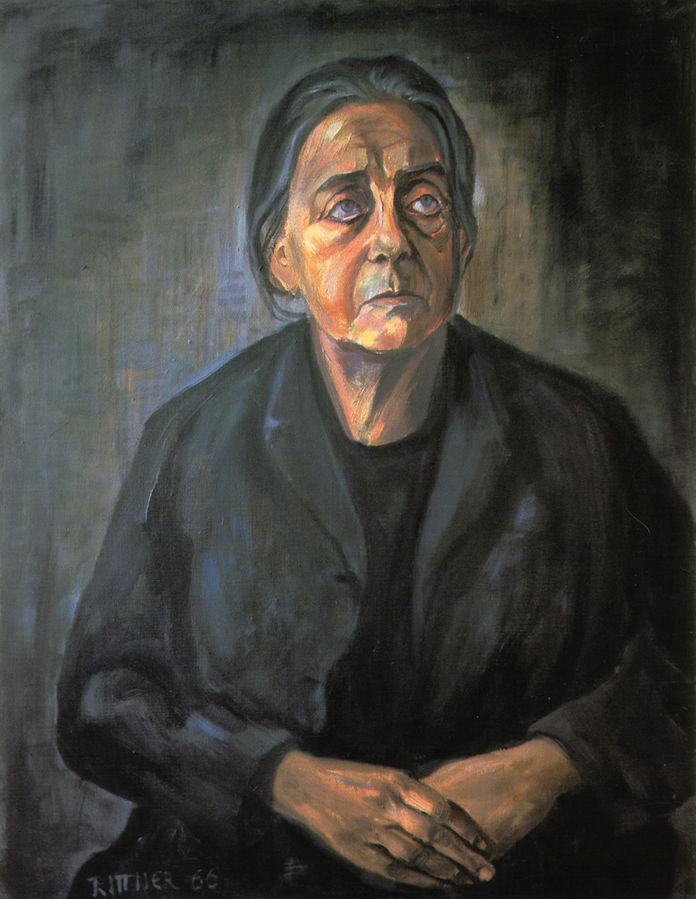 Πορτρέτο της [[#Therese Giehse [Τερέζε Γκήζε]#]] από τον [[#Günter Rittner [Γκύντερ Ρίττνερ]#]] (1966). Η Γερμανοεβραία ηθοποιός ερμήνευσε τη Μάνα στην παγκόσμια πρεμιέρα του Mutter Courage und ihre Kinder [Η Μάνα Κουράγιο και τα παιδιά της] στο Schauspielhaus Zürich [Σάουσπιλχαους της Ζυρίχης] (1941), σε σκηνοθεσία [[#Leopold Lindtberg [Λέοπολντ Λίντμπεργκ]#]]. Το κοινό είδε την ηρωίδα ως τραγική μορφή, και αυτό οδήγησε τον Brecht να αναθεωρήσει το κείμενο, ώστε να ενισχύσει την κριτική απόσταση που απαιτεί το επικό θέατρο.