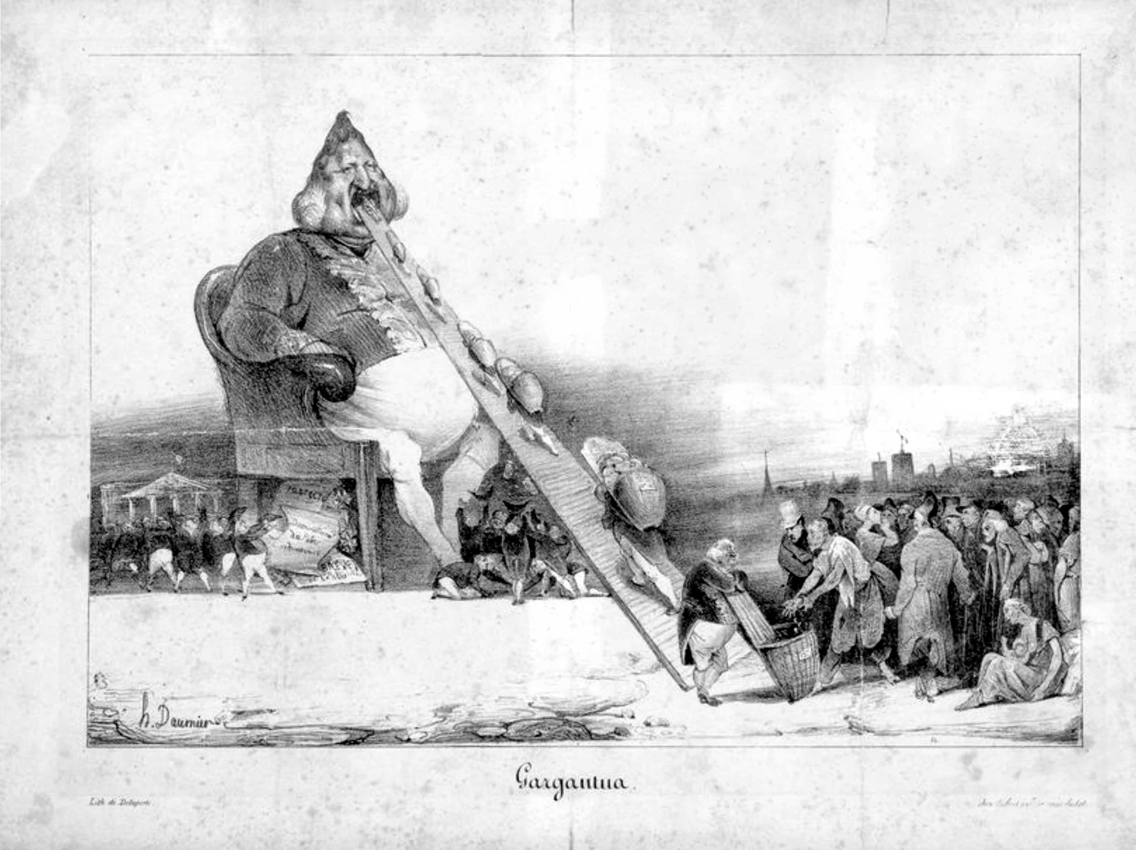 [[#Honoré Daumier [Ωνορέ Ντωμιέ]#]], "Gargantua" [«Γαργαντούας»] (16 Δεκεμβρίου 1831), λιθογραφία. Καυστική σάτιρα του βασιλιά [[#Louis-Philippe [Λουδοβίκος-Φίλιππος]#]], απεικονισμένου ως αδηφάγου γίγαντα που καταβροχθίζει τον πλούτο του λαού, ενώ κάτω από τον θρόνο οι εξαγορασμένοι βουλευτές αποδίδονται ως απεκκρίματά του. Το έργο κατήγγελλε την απληστία και την εκλογική διαφθορά της Ιουλιανής Μοναρχίας και οδήγησε τον καλλιτέχνη σε πρόστιμο και φυλάκιση, αποτυπώνοντας τη σχέση σάτιρας και λογοκρισίας.