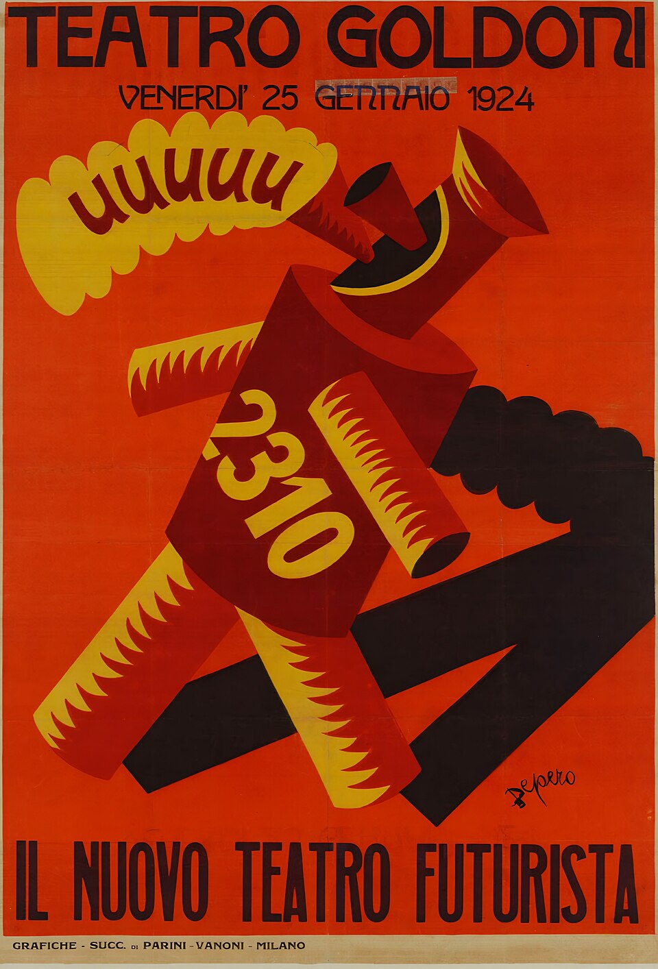 Αφίσα του [[#Fortunato Depero [Φορτουνάτο Ντεπέρο]#]] για τον θίασο Nuovo Teatro Futurista (1924). Τη δεκαετία του 1920, περιοδεύοντες θίασοι μετέφεραν την πρόκληση και την ασυνέχεια της φουτουριστικής εσπερίδας στις σύντομες σκηνικές συνθέσεις [sintesi] του συνθετικού θεάτρου.