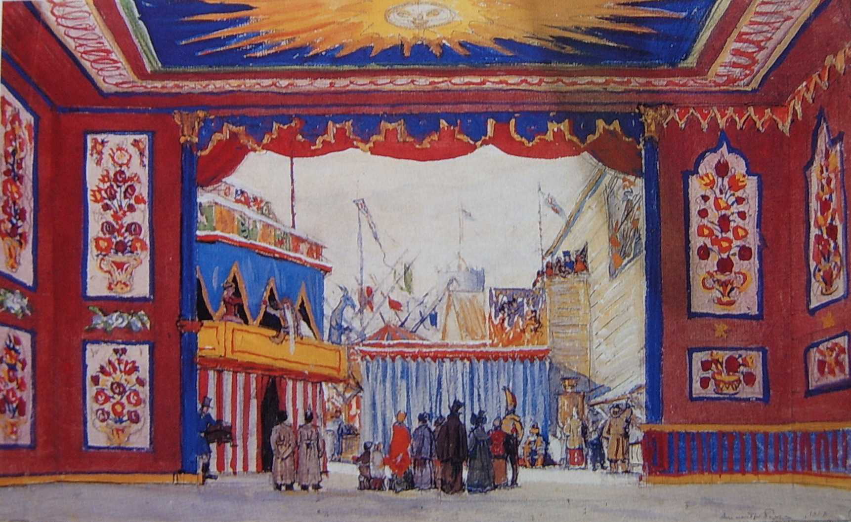 Σχέδιο σκηνικού του Αλεξάντρ Μπενουά [Alexandre Benois] για τον Πετρούσκα [Petrouchka] (1911) των Ρωσικών Μπαλέτων, σε μουσική Ιγκόρ Στραβίνσκι [Igor Stravinsky] και χορογραφία Μιχαήλ Φοκίν [Michel Fokine]. Το ζωγραφισμένο πλαίσιο λειτουργεί ως δεύτερο προσκήνιο και εγκιβωτίζει το αποκριάτικο πανηγύρι της Αγίας Πετρούπολης. Το πλήθος συγκεντρώνεται μπροστά στο παράπηγμα του Ταχυδακτυλουργού, και έτσι το σκηνικό κοινό καθρεφτίζει το πραγματικό. Η σκηνογραφία υλοποιεί οπτικά τη δομή του θεάτρου εν θεάτρῳ.