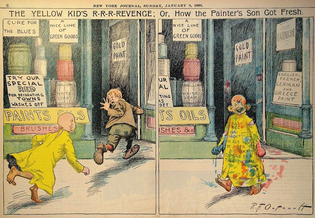 Το κόμικς του R. Outcault με τίτλο Το κίτρινο παιδί [The Yellow Kid], που δημοσιεύτηκε στην εφημερίδα New York Journal στις 9 Ιανουαρίου 1898.