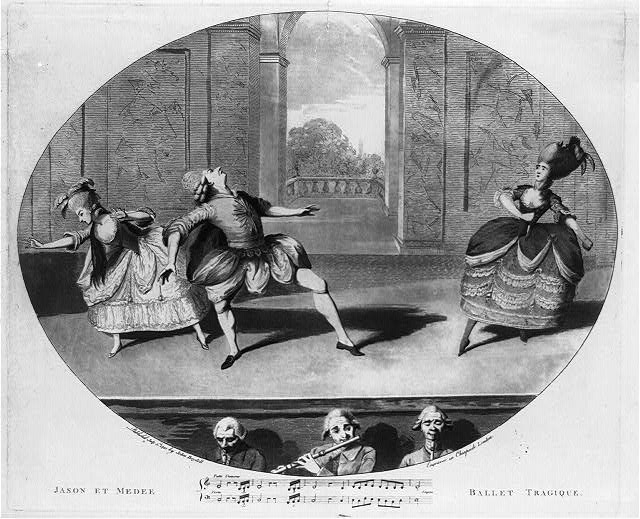 Ο [[#Gaëtan&nbsp;Vestris [Γκαετάν Βεστρίς]#]] (1729-1808) ως Ιάσων, πλαισιωμένος από τη [[#Giovanna Baccelli [Τζοβάννα Μπατσέλλι]#]] και την [[#Adélaïde Simonet [Αντελαΐντ Σιμονέ]#]], στο Jason et Médée [Ιάσων και Μήδεια] του Jean-Georges Noverre (King's Theatre, Λονδίνο 1781). Το σατιρικό χαρακτικό, έκδοση [[#John Boydell [Τζων Μπόυντελ]#]], σχολιάζει τις βαρύτιμες ενδυμασίες που δέσμευαν τη μιμική έκφραση του πρώιμου χοροδράματος.