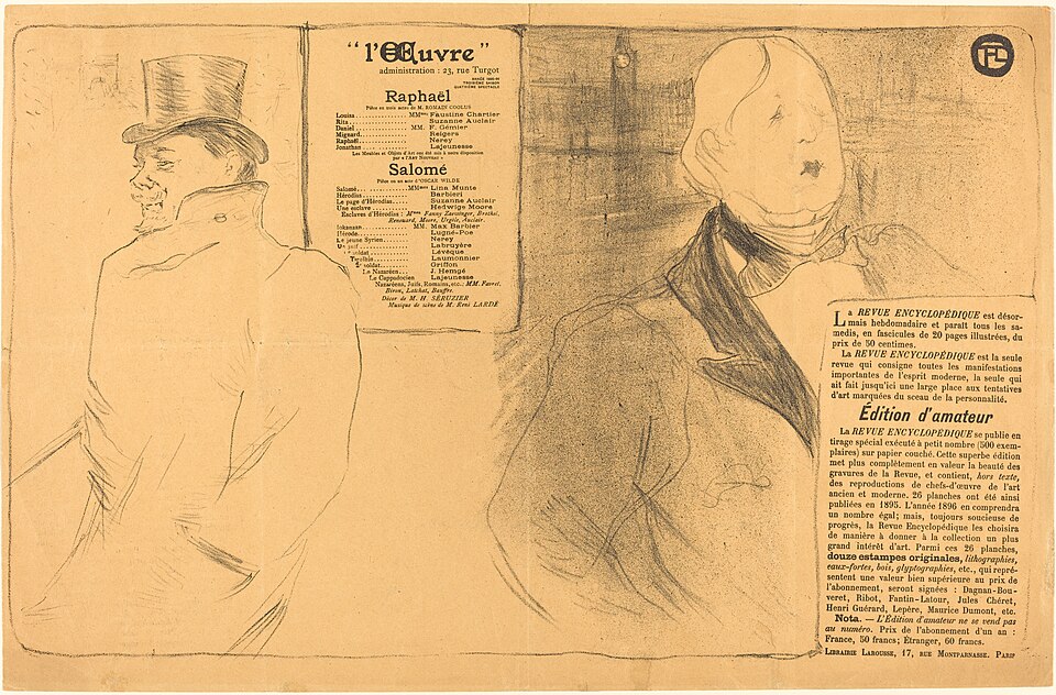 Λιθογραφία του [[#Henri de Toulouse-Lautrec [Ανρί ντε Τουλούζ-Λωτρέκ]#]] για το πρόγραμμα της παρισινής πρεμιέρας της&nbsp;Salomé&nbsp;[Σαλώμης] του Oscar Wilde στο Théâtre de l'Œuvre του Aurélien Lugné-Poë [Ωρελιέν Λυνιέ-Πο] (1896). Ο σκηνοθέτης αφαίρεσε τους ομοφυλοφιλικούς υπαινιγμούς από την παράσταση, μετά τη δίκη και καταδίκη του Wilde, αναθέτοντας τον ρόλο του ακολούθου της Ηρωδιάδος σε γυναίκα ηθοποιό. Πηγή: National Gallery of Art (1995.76.82, Gift of The Atlas Foundation).