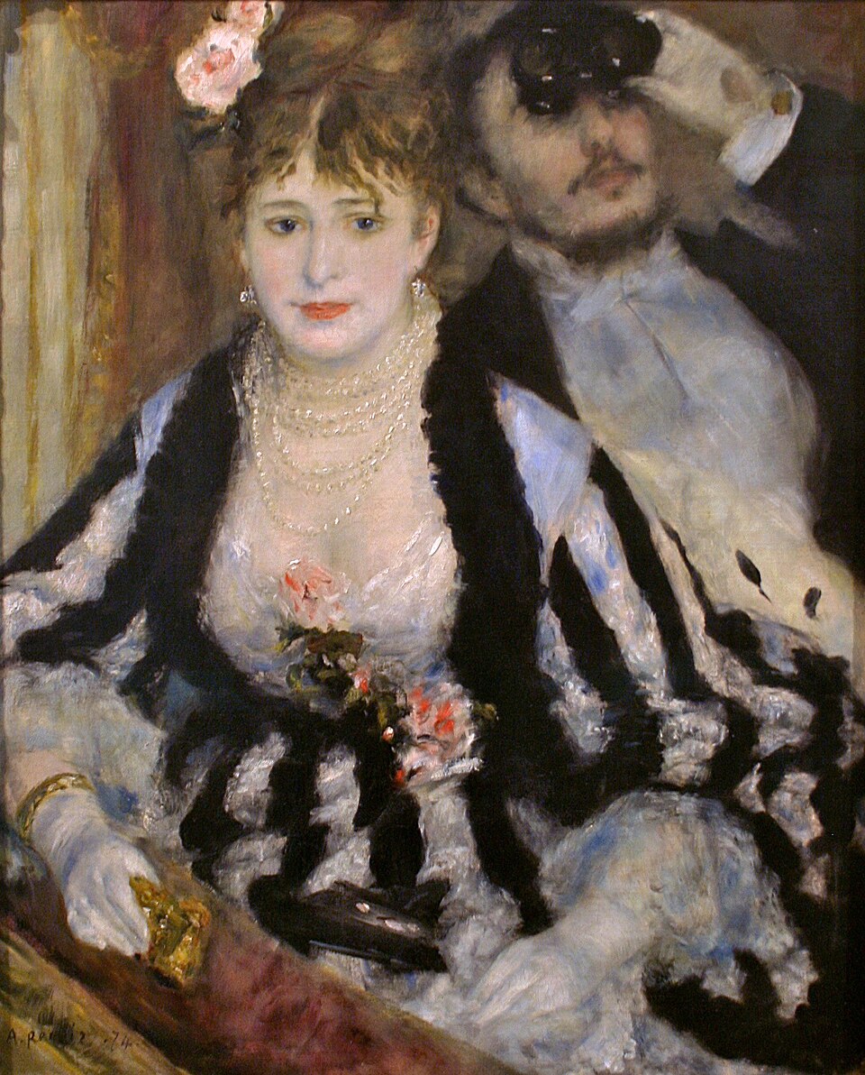 Pierre-Auguste Renoir,&nbsp;La Loge&nbsp;[Το θεωρείο] (1874), λάδι σε καμβά, 80 x 63,5 εκ. Ο πίνακας, που εκτέθηκε στην πρώτη ιμπρεσιονιστική έκθεση (Παρίσι, 15 Απριλίου-15 Μαΐου 1874), αποτυπώνει τον θεατρικό χώρο ως πεδίο ιμπρεσιονιστικής παρατήρησης: το τεχνητό φως του θεάτρου, τα αντανακλώμενα χρώματα και η στιγμιαία χειρονομία αντικαθιστούν κάθε αφηγηματική πρόθεση. Πηγή: The Courtauld Gallery, Λονδίνο (P.1948.SC.338).