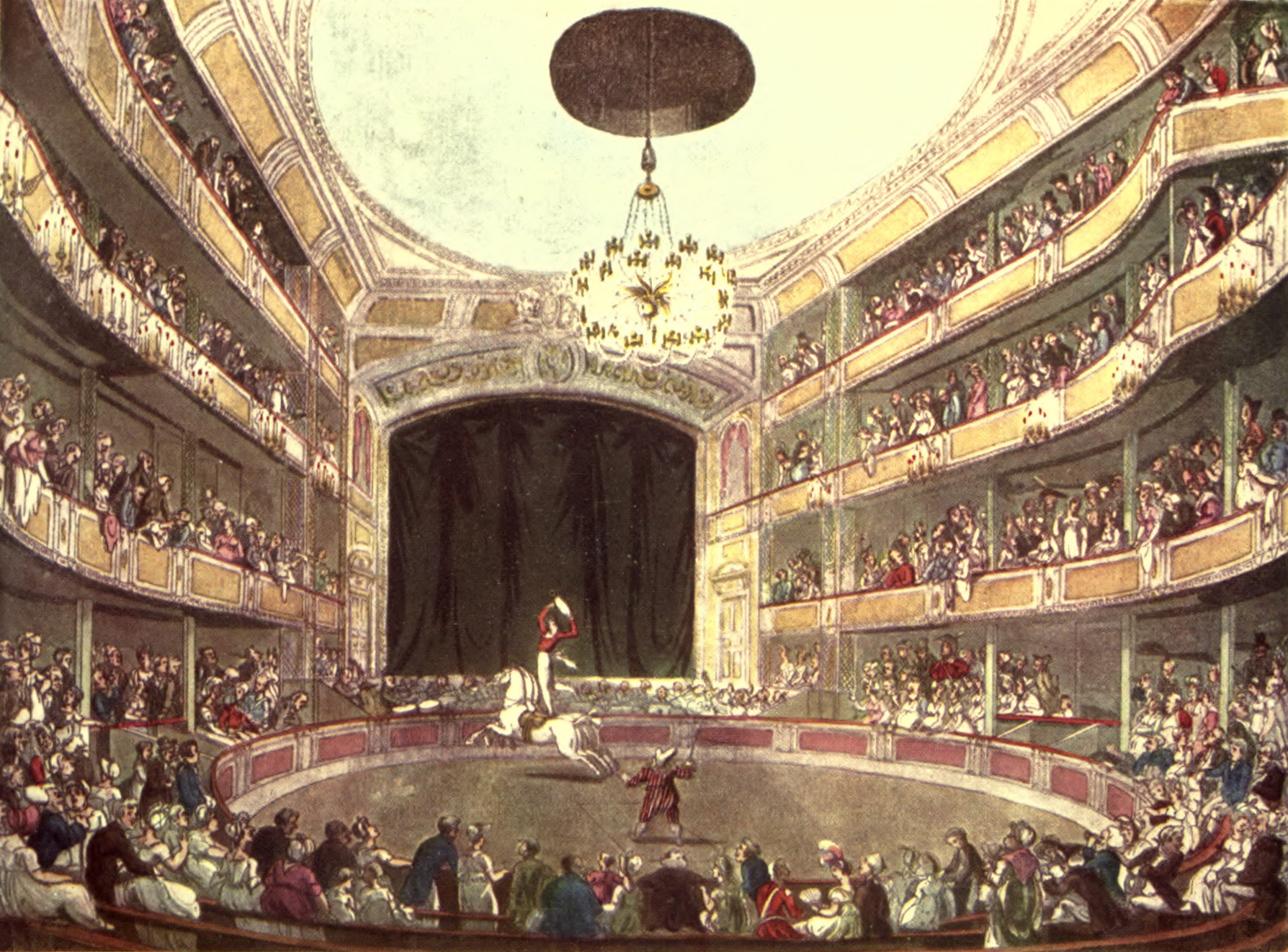 Το Astley's Amphitheatre στο Λονδίνο, σε επιχρωματισμένη ακουατίντα (1808) από το The Microcosm of London [Ο μικρόκοσμος του Λονδίνου] του εκδότη Rudolph Ackermann [Ρούντολφ Άκερμαν]. Το αρχιτεκτονικό σχέδιο είναι του [[#Augustus Charles Pugin [Ώγκαστους Τσαρλς Πιούτζιν]#]] και οι μορφές του [[#Thomas Rowlandson [Τόμας Ρόουλαντσον]#]]. Η κυκλική αρένα των ιππευτικών νούμερων συνδυάζεται εδώ με σκηνή με αψίδα προσκηνίου.
