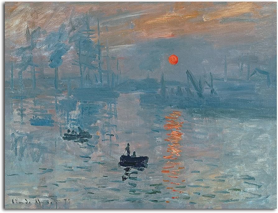 Claude Monet,&nbsp;Impression, Soleil Levant&nbsp;[Εντύπωση, Ανατέλλων Ήλιος] (1872), λάδι σε καμβά. Ο πίνακας που έδωσε το όνομά του στον ιμπρεσιονισμό: ο κριτικός τέχνης Louis Leroy χρησιμοποίησε ειρωνικά τη λέξη «εντύπωση» (impression) για να υποτιμήσει τον πίνακα, ωστόσο οι ιμπρεσιονιστές υιοθέτησαν τον όρο ως προγραμματική δήλωση. Πηγή: Musée Marmottan Monet, Παρίσι.