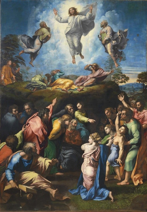 [[#Raffaello Sanzio/Raphaël [Ραφαήλ]#]], «Η Μεταμόρφωση» (1516-1520), Πινακοθήκη του Βατικανού. Για τον Nietzsche, ο πίνακας αναπαριστά την αμοιβαία αναγκαιότητα του απολλώνιου (στο ανώτερο τμήμα του πίνακα) και του διονυσιακού (στο κατώτερο τμήμα). Βλ. Νίτσε (2016), σσ. 73–74.