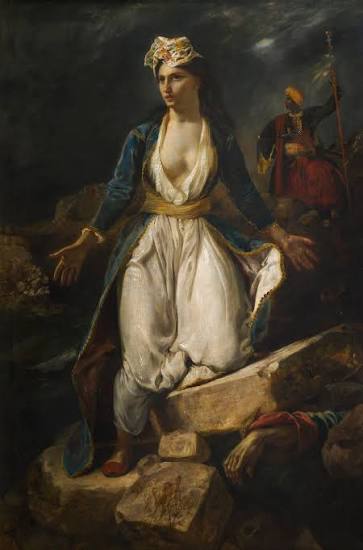 [[#Eugène Delacroix#]] [[#[Εζέν Ντελακρουά]#]], La Grèce sur les ruines de Missolonghi [Η Ελλάδα στα ερείπια του Μεσολογγίου], 1826, ελαιογραφία, Musée des Beaux-Arts de Bordeaux. Η Ελλάδα προσωποποιείται ως νεαρή γυναίκα με ανοιχτά χέρια, πάνω στα ερείπια της πόλης που έπεσε. Ο πίνακας παρουσιάστηκε το 1826 σε έκθεση στο Παρίσι υπέρ του ελληνικού αγώνα και αποτελεί κορυφαίο δείγμα της συνάντησης του ρομαντισμού με τον φιλελληνισμό. 