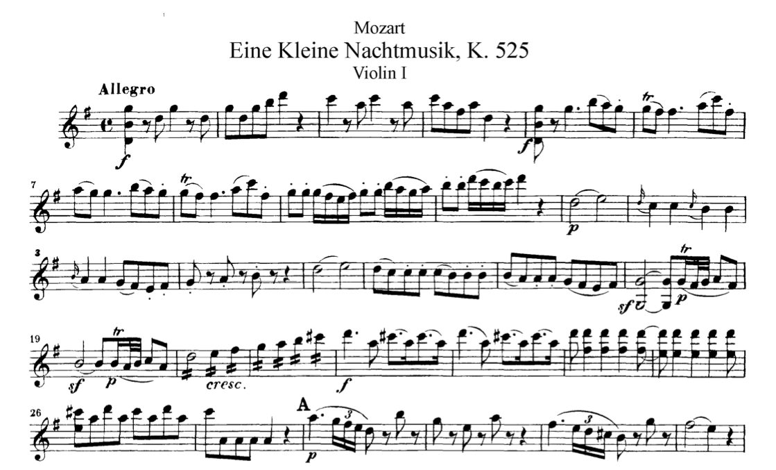 Πάρτα πρώτου βιολιού (Violin I) στο έργο Μικρή Νυχτερινή Μουσική [Eine Kleine Nachtmusik, 1787], K.525 του [[#Wolfgang Amadeus Mozart [Βόλφγκανγκ Αμαντέους Μότσαρτ]#]].