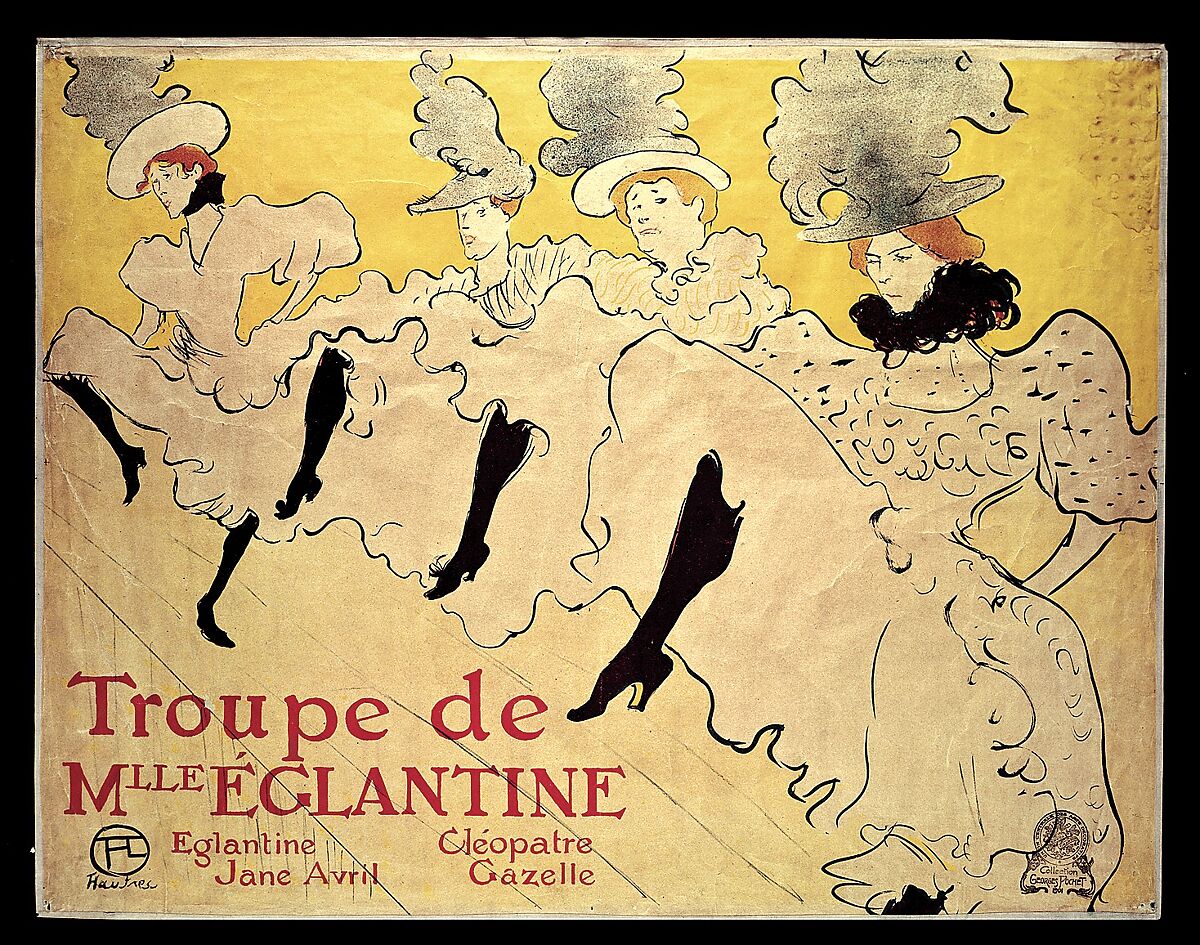 Αφίσα του Henri de Toulouse-Lautrec [Ανρί ντε Τουλούζ-Λωτρέκ] La Troupe de Mademoiselle Églantine [Ο θίασος της δεσποινίδος Εγκλαντίν] (1896), με τέσσερις χορεύτριες του καν-καν, ανάμεσά τους η Jane Avril [Ζαν Αβρίλ]. Φιλοτεχνήθηκε για τις εμφανίσεις του θιάσου στο Λονδίνο. Η εικονογραφία της Μονμάρτρης καθιέρωσε διεθνώς την οπτική ταυτότητα του καμπαρέ.