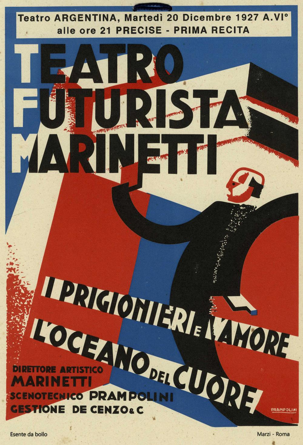 [[#Enrico Prampolini [Ενρίκο Πραμπολίνι]#]], Teatro futurista Marinetti: I prigionieri e l'amore, l'oceano del cuore [Φουτουριστικό θέατρο Μαρινέττι: Οι αιχμάλωτοι και ο έρωτας, ο ωκεανός της καρδιάς], 1927, λιθογραφία, 255 × 180 χιλ. Ο Prampolini, κεντρική μορφή της σκηνικής πράξης του φουτουρισμού, σχεδίασε σκηνικά, κοστούμια και προωθητικό υλικό για τις παραστάσεις του Marinetti. Gonnelli Casa d'Aste, Φλωρεντία.
