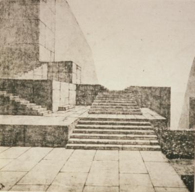 Adolphe Appia, σχέδιο ρυθμικού χώρου, 1909–1910. Σκάλες, επίπεδα και βάθρα δεν αναπαριστούν συγκεκριμένο τόπο. Οργανώνουν τις δυνατότητες κίνησης του σώματος στον χώρο. 