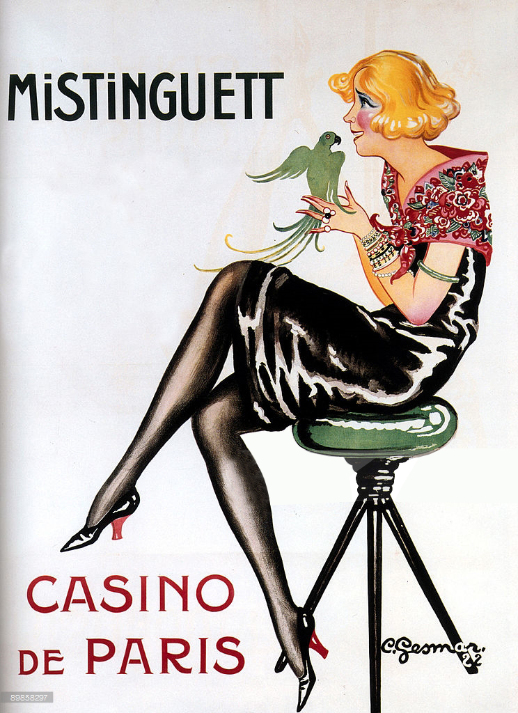 Αφίσα του Charles Gesmar [Σαρλ Ζεσμάρ] για τη Mistinguett [Μιστενγκέτ] (1922). Ο Gesmar (1900 – 1928) σχεδίασε για την πρωταγωνίστρια του παρισινού μιούζικ χωλ αφίσες και κοστούμια. Η δουλειά του συνέδεσε την εικόνα της βεντέτας με την πολυτέλεια των παρισινών υπερεπιθεωρήσεων της δεκαετίας του 1920.