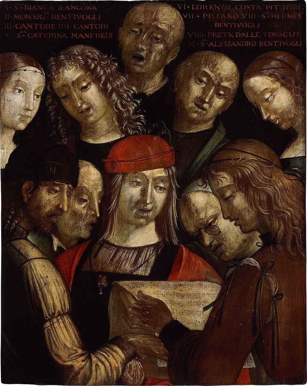 [[#Lorenzo Costa [Λορέντζο Κόστα]#]] (περ. 1460-1535),&nbsp;«Πορτρέτο της Οικογένειας Μπεντιβόλιο»&nbsp;(περ. 1493)&nbsp;Ο πίνακας του Lorenzo Costa αποτελεί μια σπάνια οπτική μαρτυρία της φωνητικής μουσικής πρακτικής στην αυλή της Μπολώνιας κατά την Αναγέννηση. Η σύνθεση οργανώνεται γύρω από τον [[#Alessandro Bentivoglio [Αλεσσάντρο Μπεντιβόλιο]#]], ο οποίος κρατά μια μουσική παρτιτούρα, πλαισιωμένος από μέλη της οικογένειας και επαγγελματίες τραγουδιστές. Η απουσία μουσικών οργάνων και η εστίαση στη συλλογική ανάγνωση της παρτιτούρας παραπέμπουν στην παράδοση της φωνητικής εκτέλεσης στο ύφος α καπέλλα, αναδεικνύοντας τη σημασία της πολυφωνίας ως μέσου κοινωνικής και θρησκευτικής έκφρασης. Η παρουσία του ίδιου του καλλιτέχνη στο άκρο της σύνθεσης εντάσσει τη μουσική πράξη στην καθημερινή ζωή της αυλής, όπου η φωνητική σύμπραξη χωρίς οργανική συνοδεία αποτελούσε ένδειξη υψηλής καλλιέργειας και πνευματικότητας.