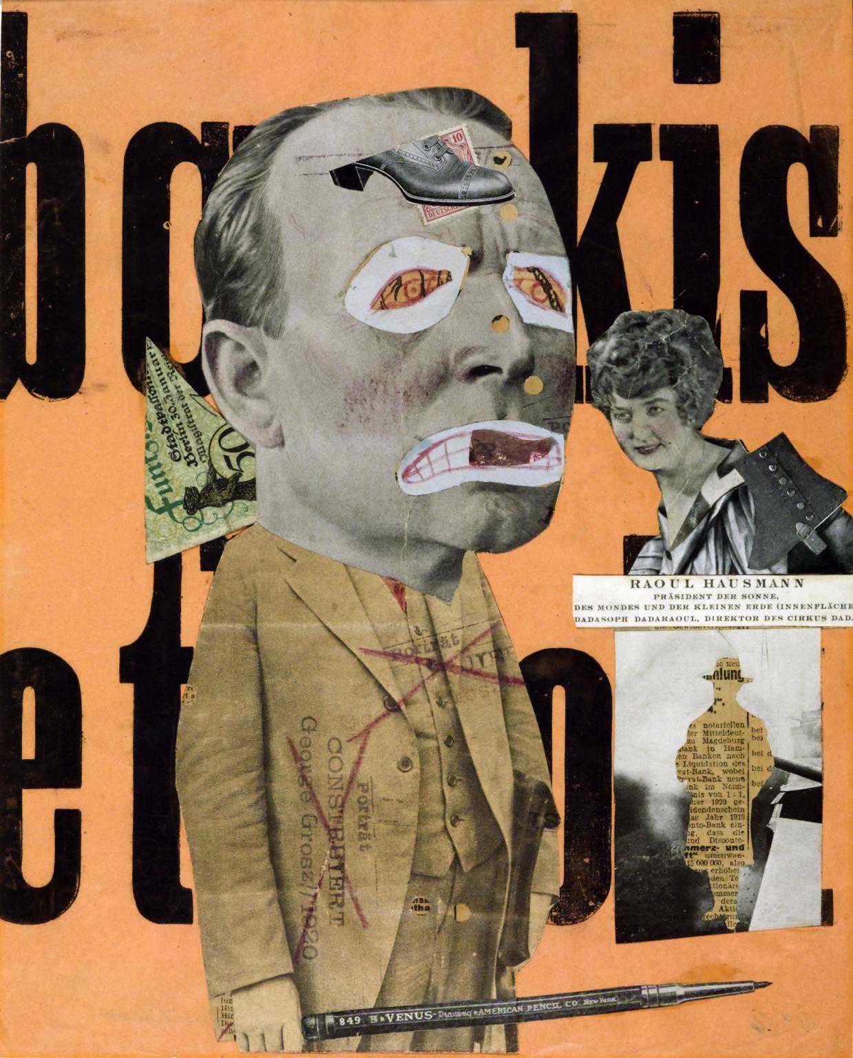 Raoul Hausmann, Der Kunstkritiker [Ο κριτικός τέχνης], 1919 – 1920, λιθογραφία και τυπωμένο χαρτί σε χαρτί, Tate, Λονδίνο. Στο φωτομοντάζ, που εκτέθηκε στην Πρώτη Διεθνή Έκθεση Νταντά (1920), μια σφραγίδα ταυτίζει τον κριτικό με τον [[#George Grosz [Τζωρτζ Γκρος]#]]. Το απόκομμα γερμανικού χαρτονομίσματος πίσω από τον αυχένα του υπαινίσσεται ότι η κριτική εξαρτάται από το χρήμα. Στο φόντο διακρίνεται ποίημα-αφίσα του Hausmann.