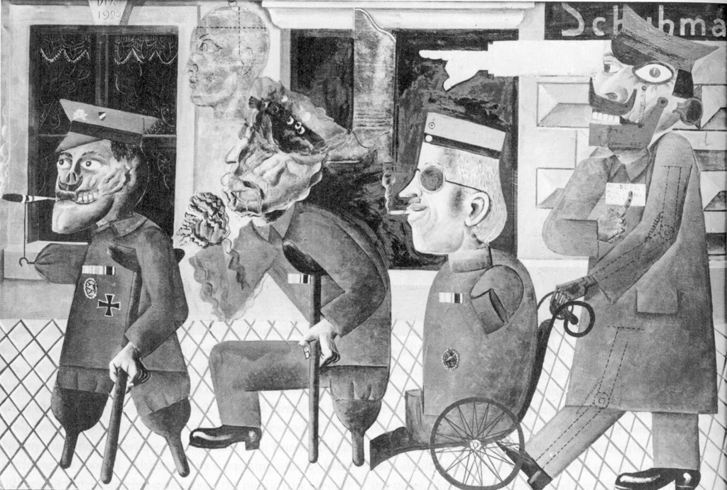 Otto Dix, Die Kriegskrüppel [Οι ανάπηροι πολέμου], 1920, λάδι σε μουσαμά. Ο πίνακας εκτέθηκε στην Πρώτη Διεθνή Έκθεση Νταντά στο Βερολίνο και σόκαρε το κοινό με την αντιμιλιταριστική του στάση. Το 1937 το ναζιστικό καθεστώς τον διαπόμπευσε στη δυσφημιστική έκθεση «Εκφυλισμένη τέχνη» [Entartete Kunst] στο Μόναχο. Από τότε αγνοείται και είναι γνωστός μόνο από φωτογραφικές αναπαραγωγές.